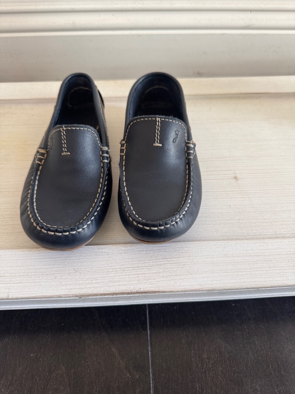 Jacadi Navy Leather Moccasin Slip-Ons with Contrast Stitching